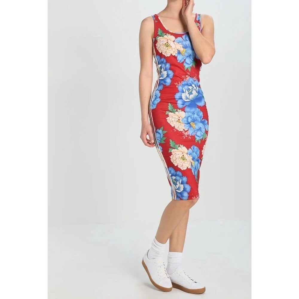 Adidas Originals x FARM Rio Chita Tank Bodycon Red Floral Stripes Dress Size XS
